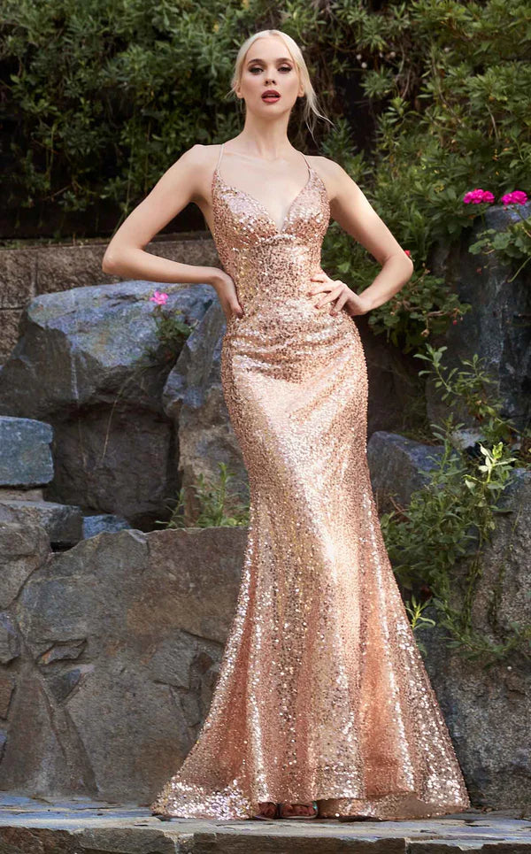 LaDivine CH235 Spaghetti Strap Long Prom Sequin Dress in Gold