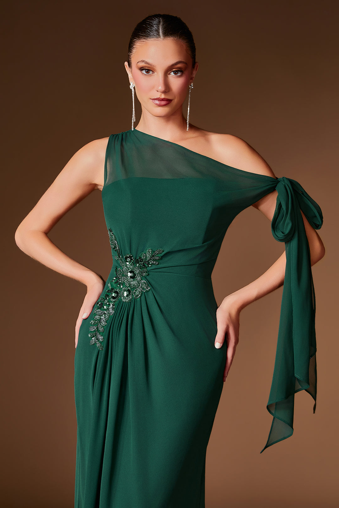 Emerald One-Shoulder Chiffon Formal Bow Accent Gown LaDivine CH2612