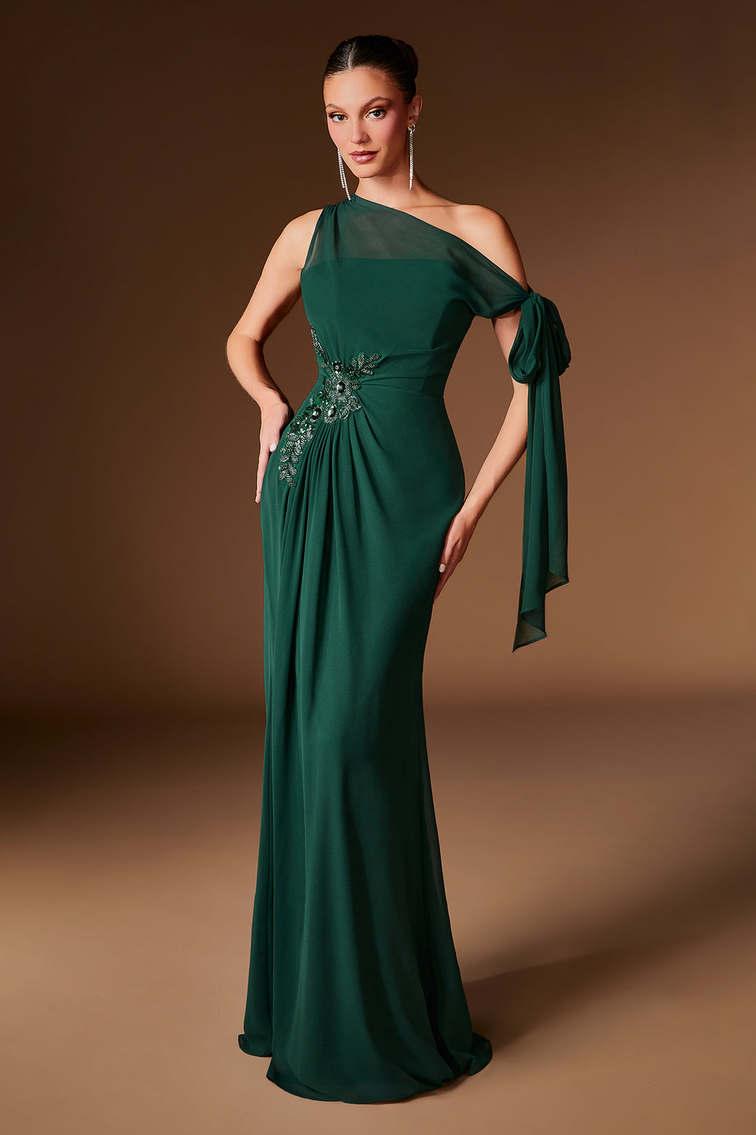 Emerald One-Shoulder Chiffon Formal Bow Accent Gown LaDivine CH2612