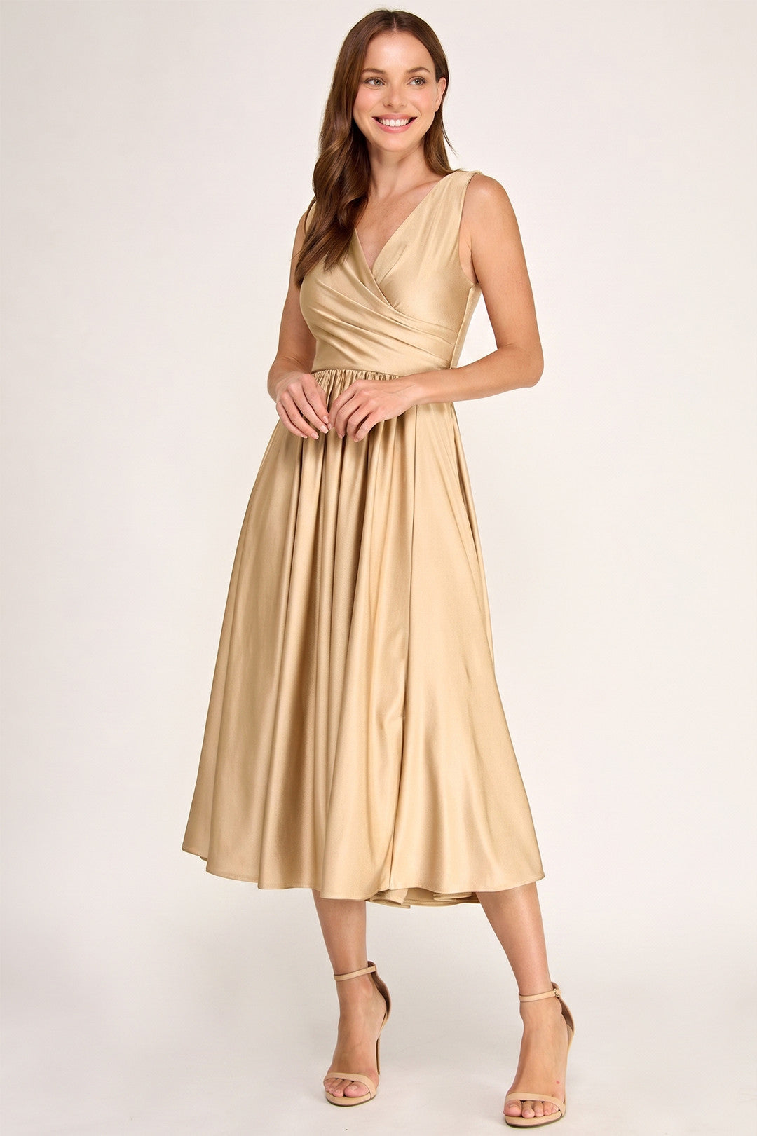V-Neck Midi Satin Cocktail A-Line Lenovia 3131