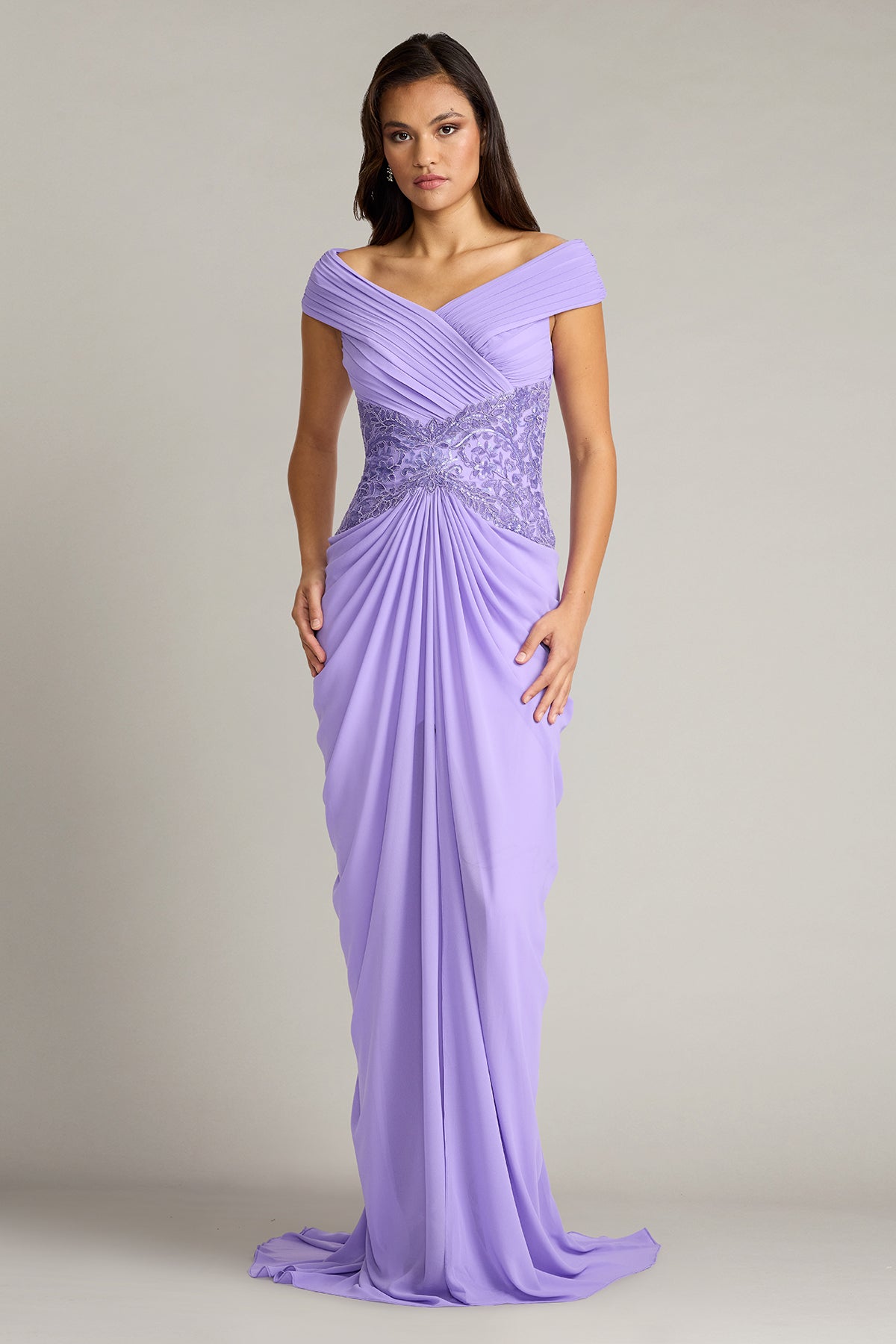 Off-the-Shoulder Floor-Length Chiffon Formal Sheath Tadashi Shoji CJI26162L