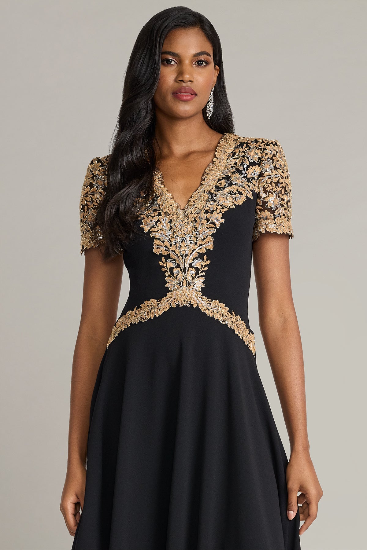 V-Neck Tea-Length Lace Formal A-Line Tadashi Shoji CJI26164MD
