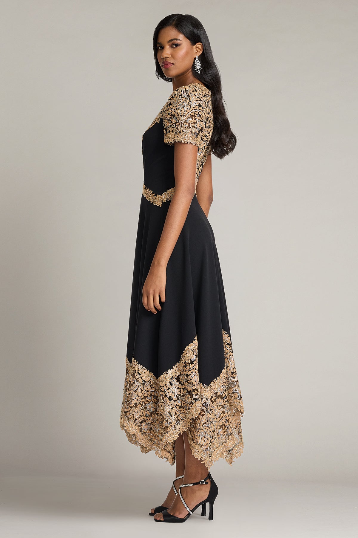 V-Neck Tea-Length Lace Formal A-Line Tadashi Shoji CJI26164MD