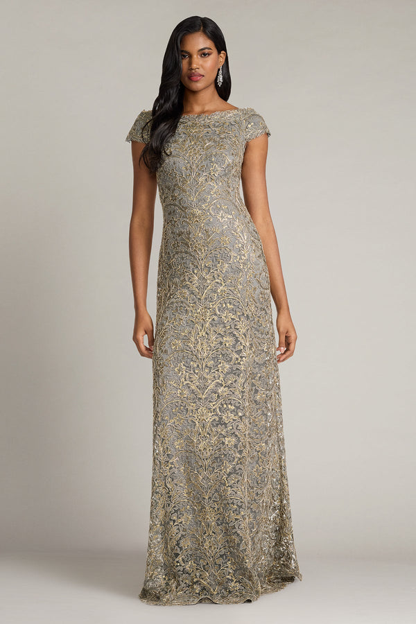Bateau Floor-Length Lace Formal Sheath Column Tadashi Shoji CJI90602L