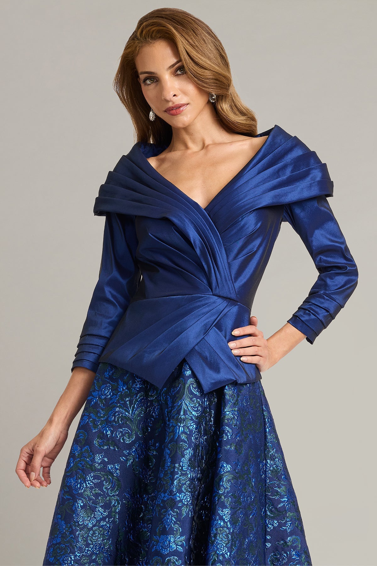 V-Neck Tea-Length Satin Formal A-Line Tadashi Shoji CKD26312MD