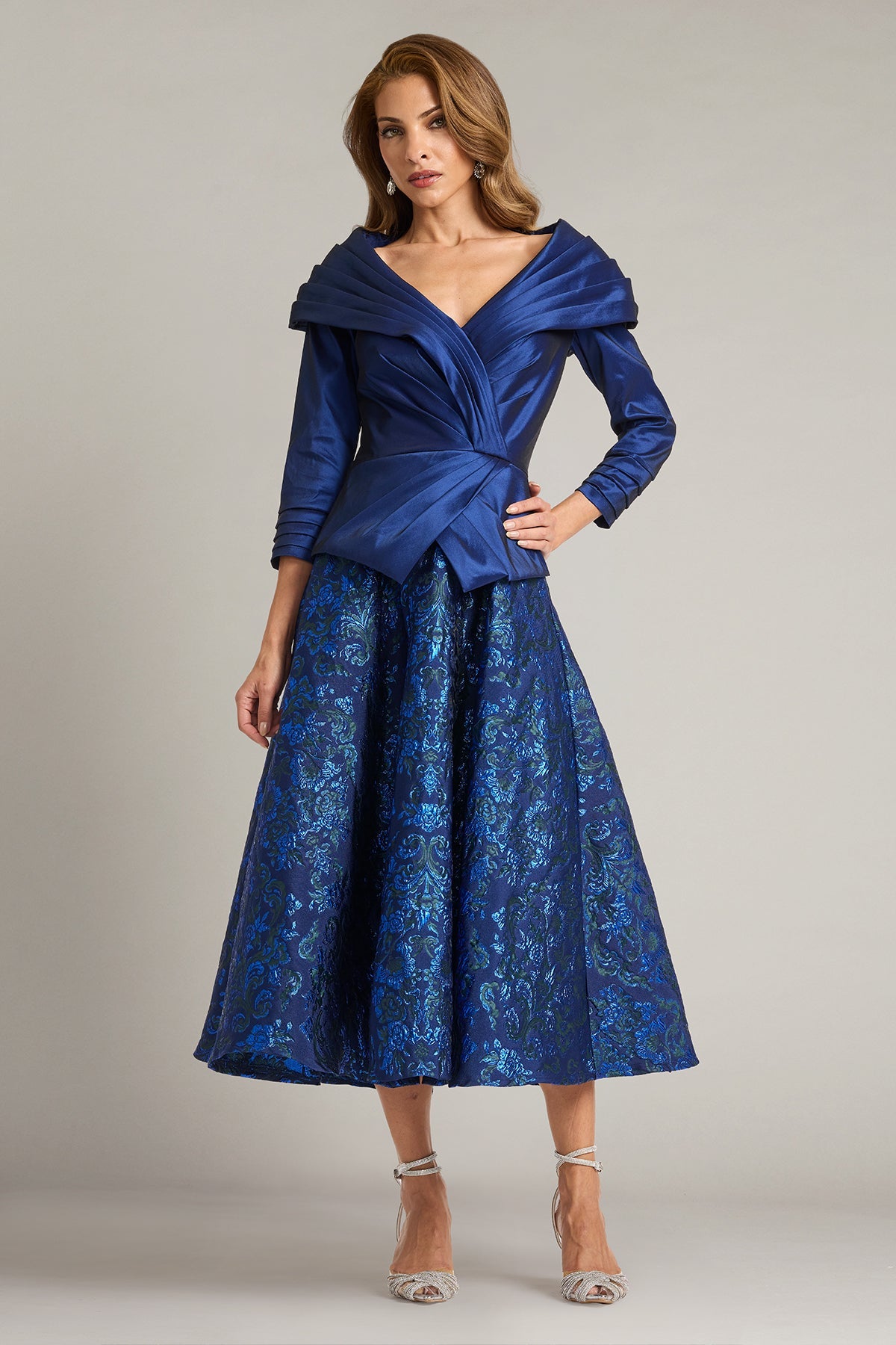 V-Neck Tea-Length Satin Formal A-Line Tadashi Shoji CKD26312MD