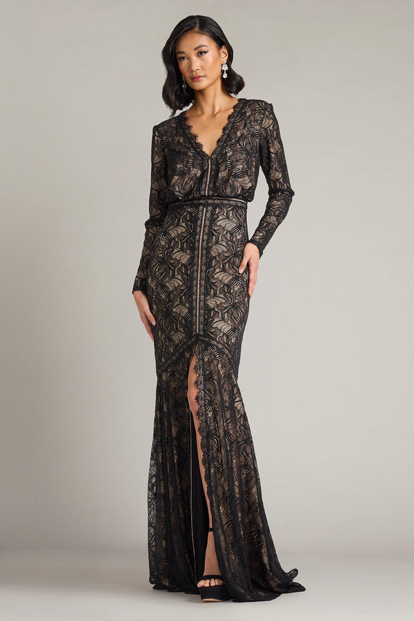 V-Neck Floor-Length Lace Formal Sheath Column Tadashi Shoji CKI25158L