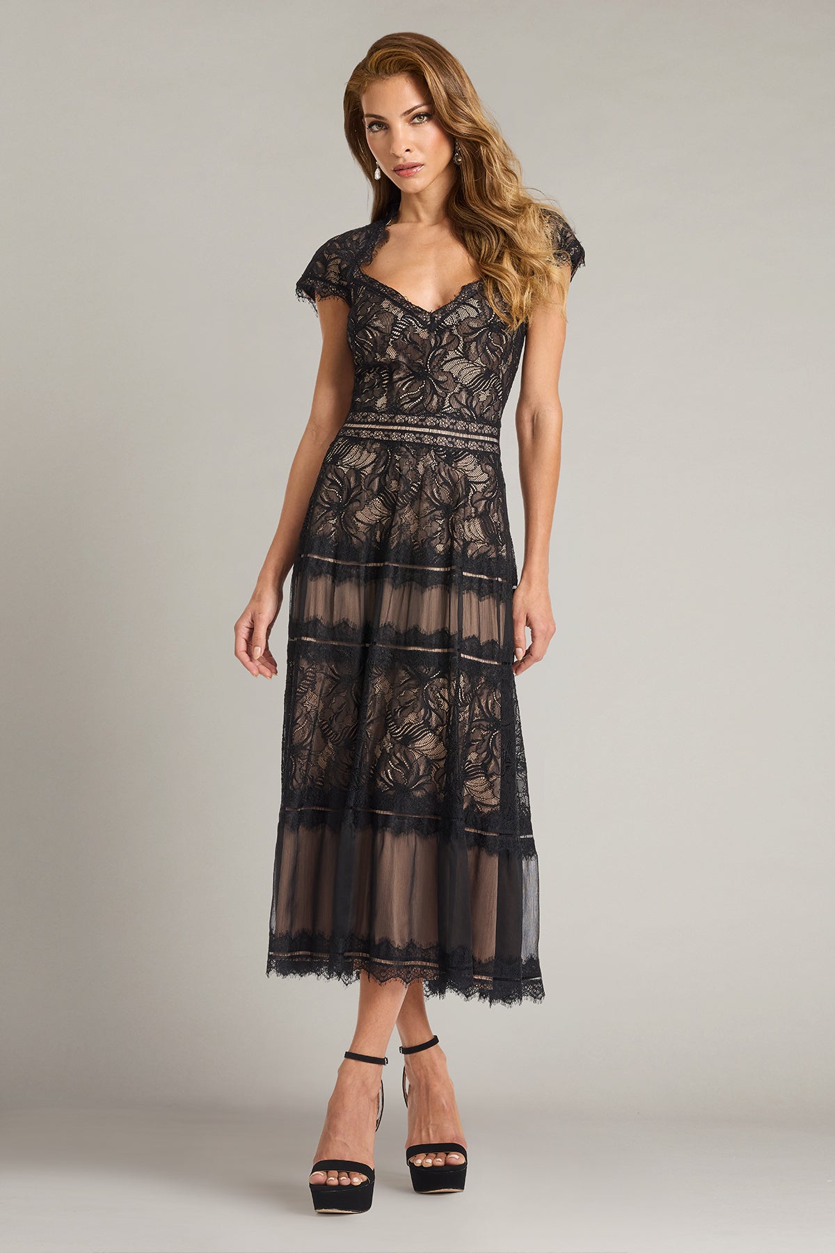 V-Neck Midi Lace Cocktail Fit & Flare Tadashi Shoji CKI26360MD