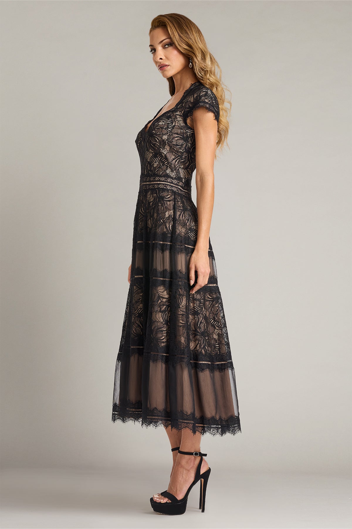 V-Neck Midi Lace Cocktail Fit & Flare Tadashi Shoji CKI26360MD