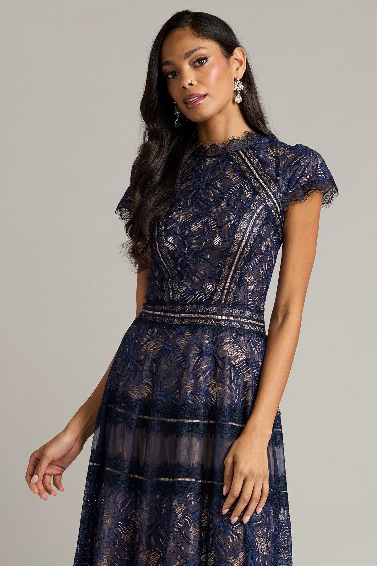 Crew/High-Neck Tea-Length Lace Formal A-Line Tadashi Shoji CKI26362MD