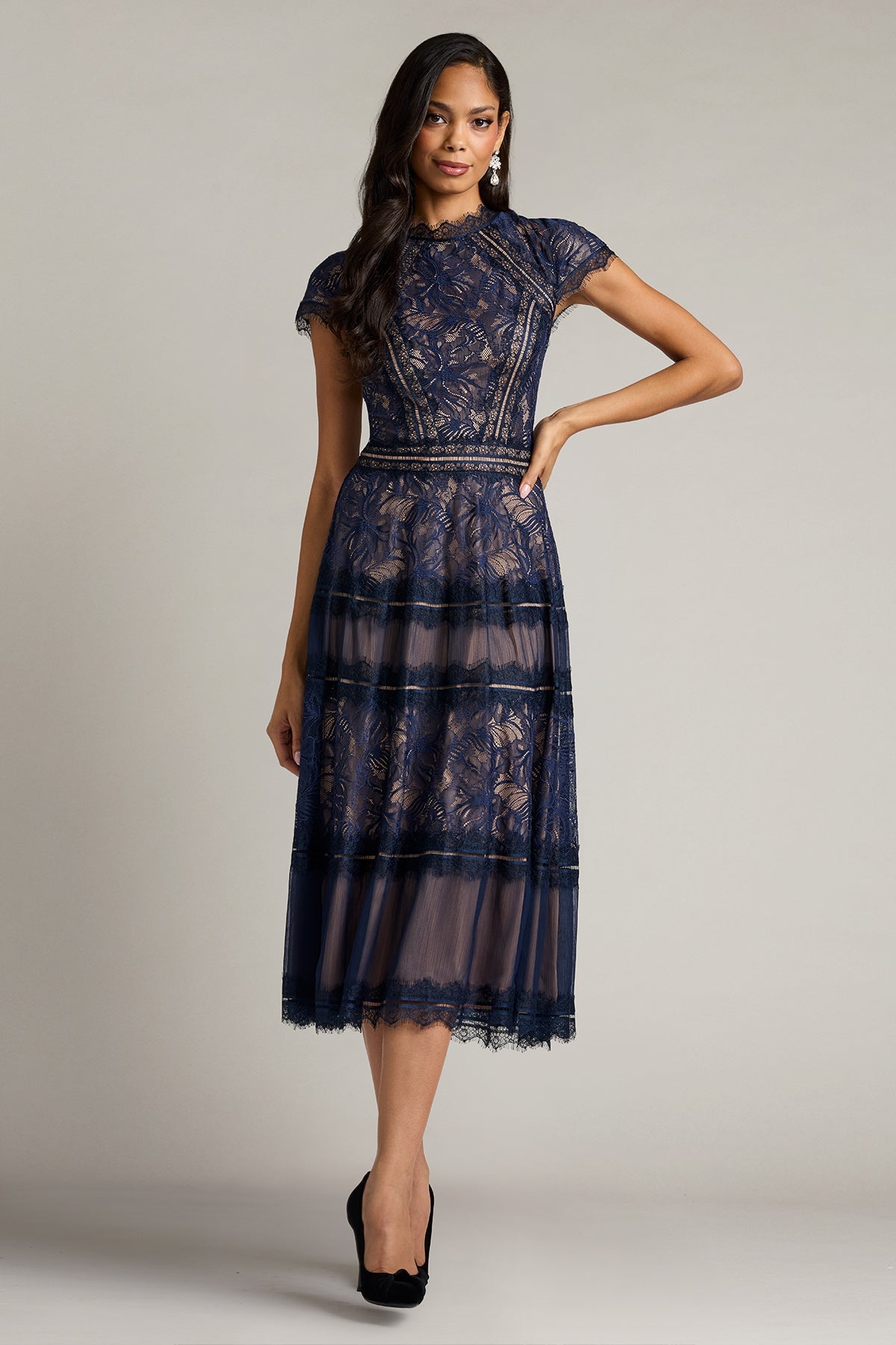 Crew/High-Neck Tea-Length Lace Formal A-Line Tadashi Shoji CKI26362MD