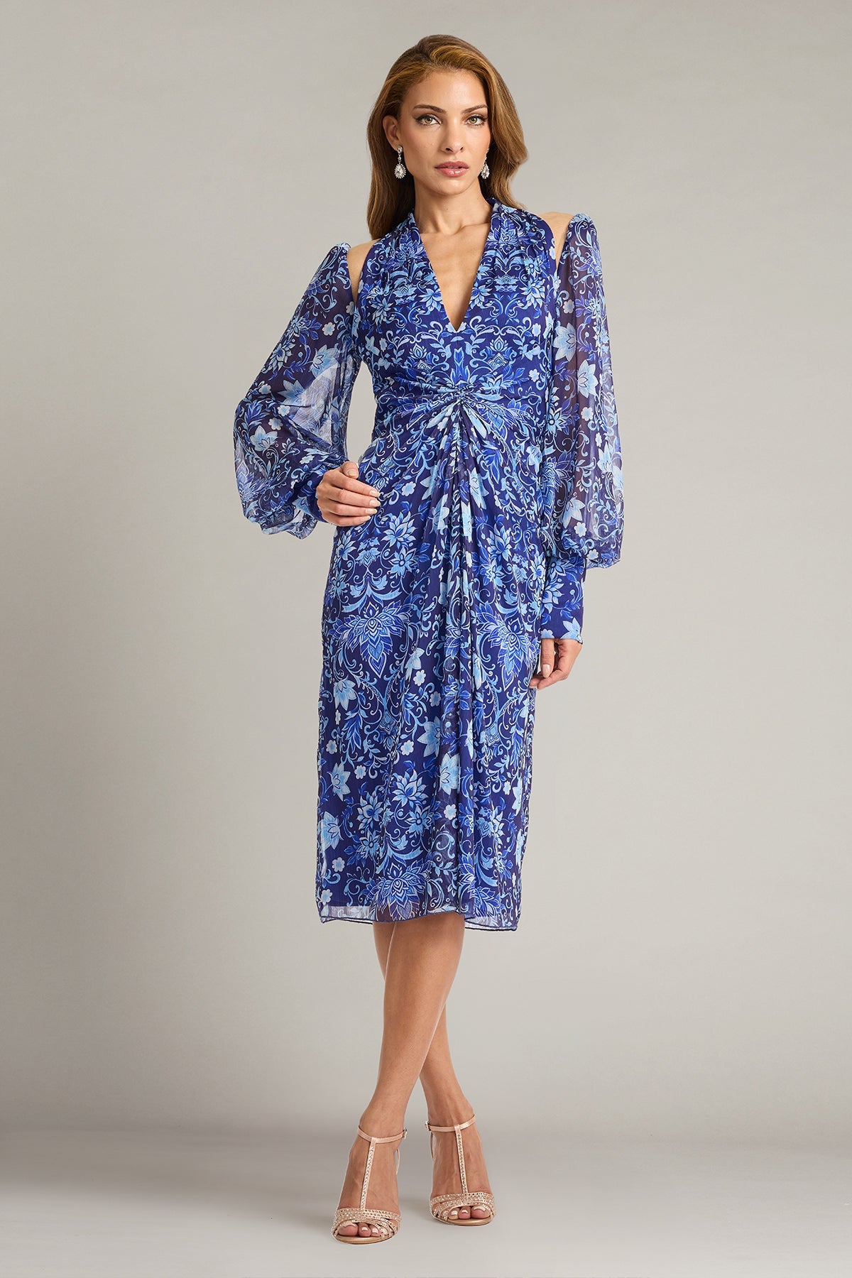V-Neck Midi Chiffon Cocktail Fit & Flare Tadashi Shoji CKJ26353M