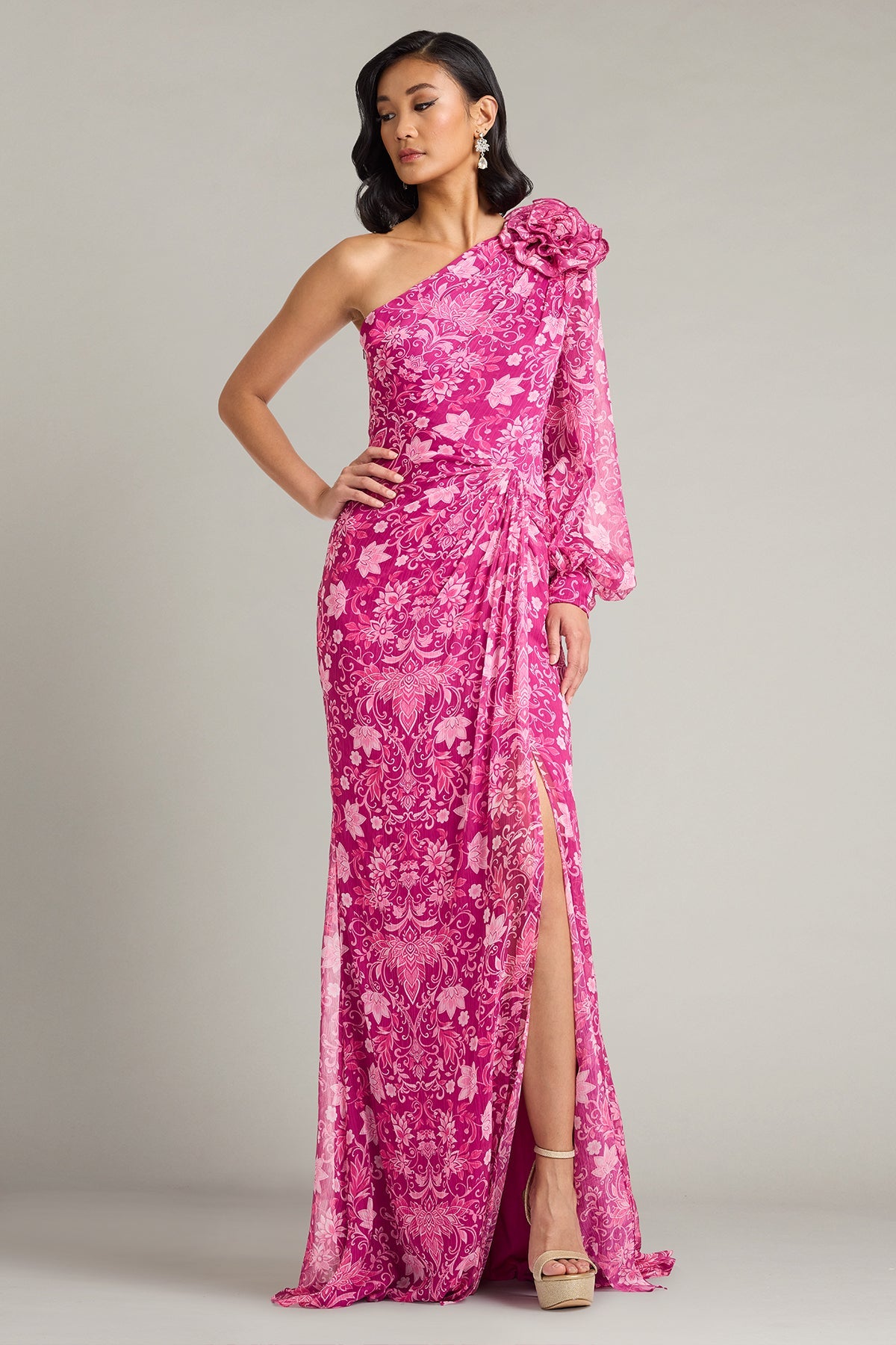 One-Shoulder Floor-Length Chiffon Evening Sheath Tadashi Shoji CKJ26354L