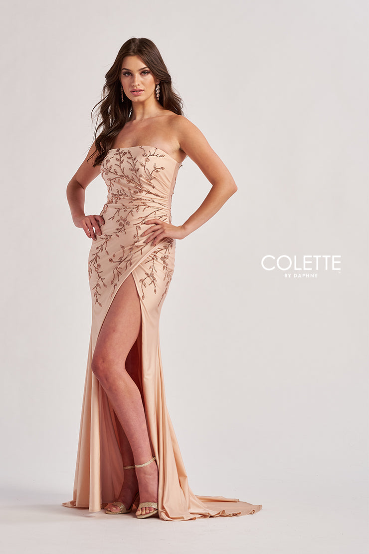 Prom Dresses Beaded Long Mermaid Formal Slit Prom Dress Champagne