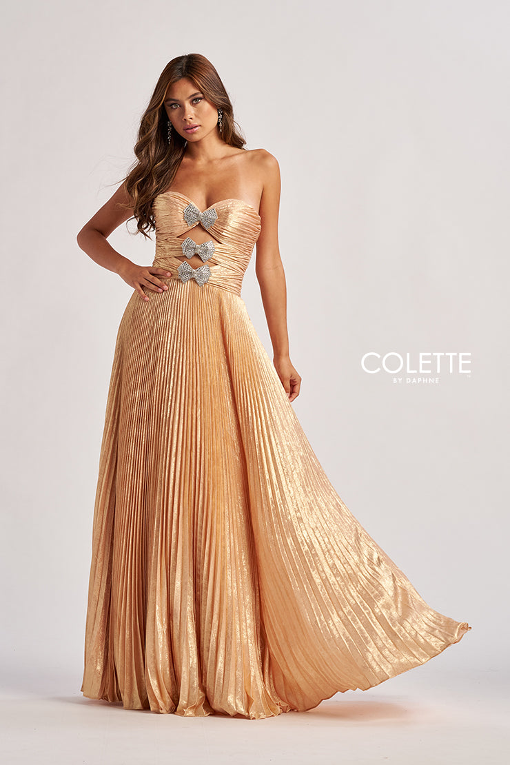 Colette by Daphne CL8520 Long Formal Pleated A Line Metallic Prom Dress