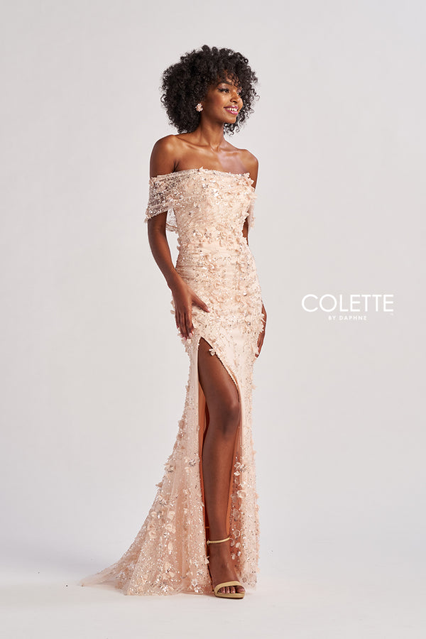 Prom Dresses Long Formal Beaded Floral Applique Prom Dress Peachy Pink