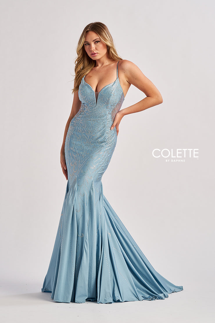 Prom Dresses Long Mermaid Fit Formal Beaded Prom Dress Dusty Blue