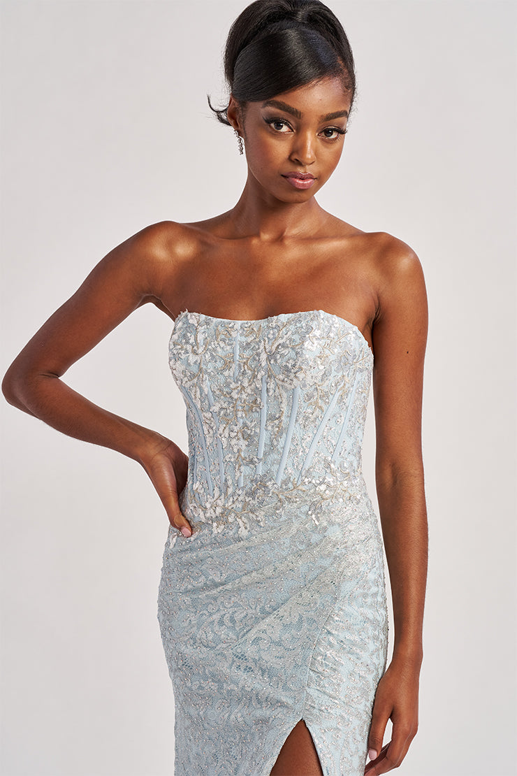 Prom Dresses Mermaid Long Formal Metallic Lace Prom Dress Ice Blue