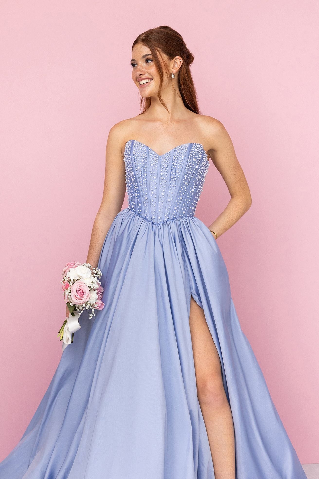 Periwinkle Sweetheart Floor-Length Satin Prom Dress Beaded Corset Bodice Portia & Scarlett XO178