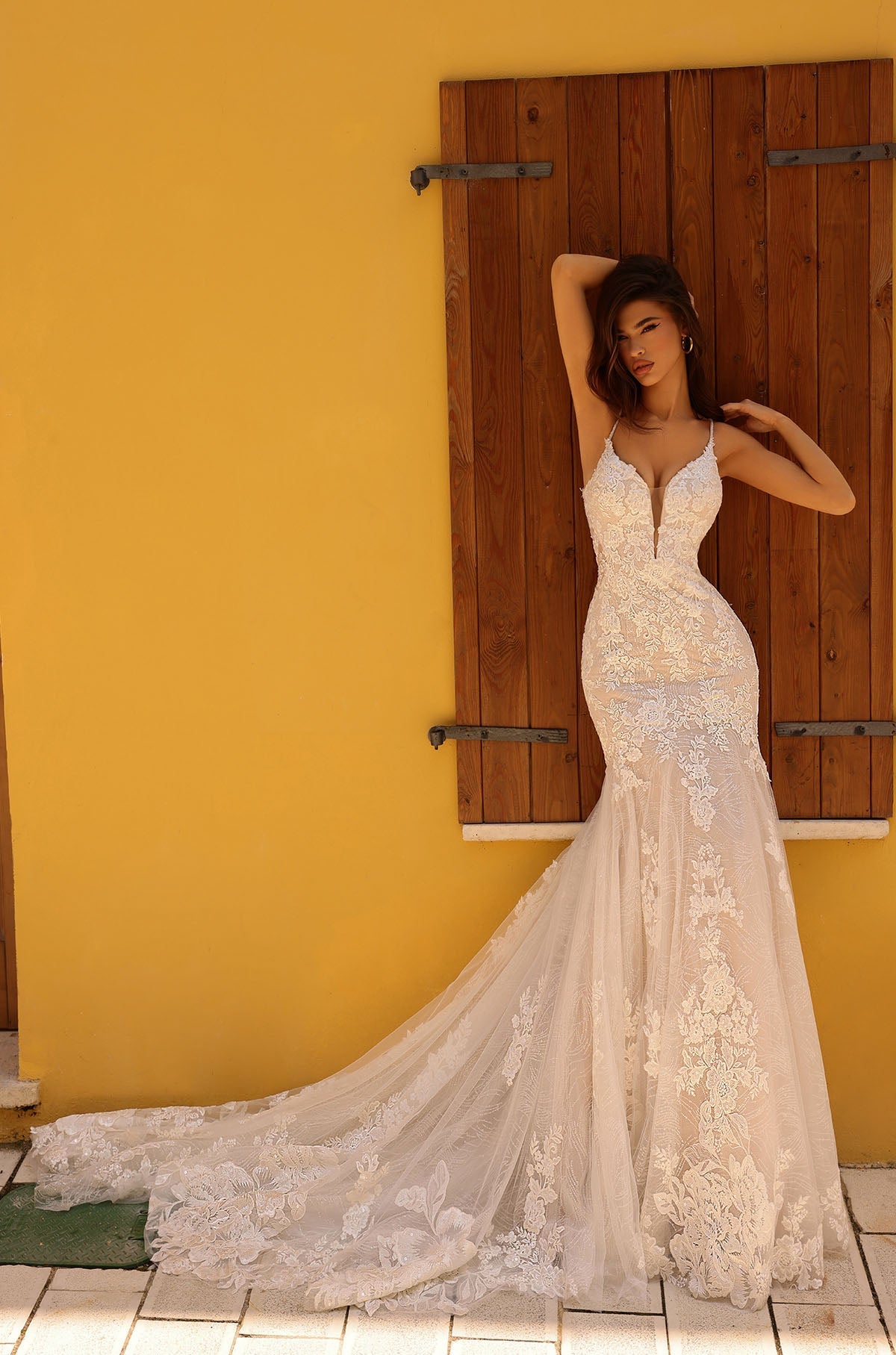 Wedding Dresses Long Floral Lace Applique Mermaid Wedding Dress Amarra 84210 Ivory/Nude