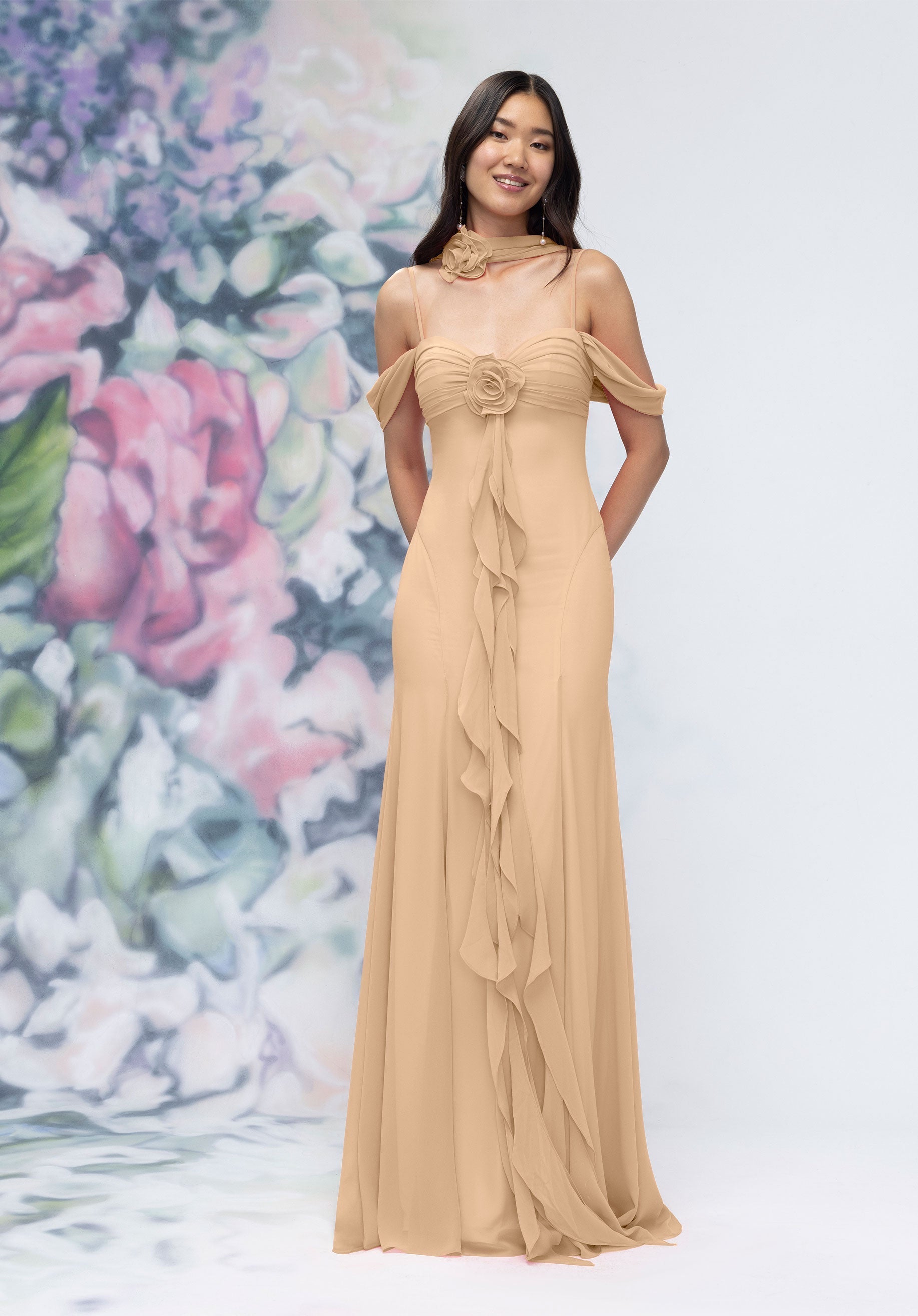 Formal Dresses Ruffle Floral Long Formal Dress Champagne-Chiffon-3030000-Ruffle