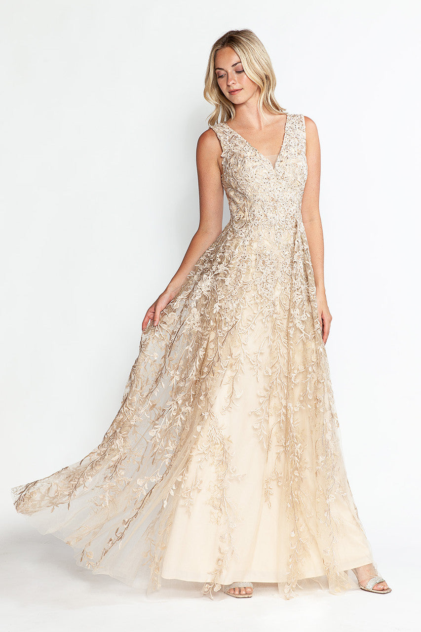 Formal Dresses Prom Long Formal Lace Dress Lenovia 8337 Champagne-Embroided-8337-Lace