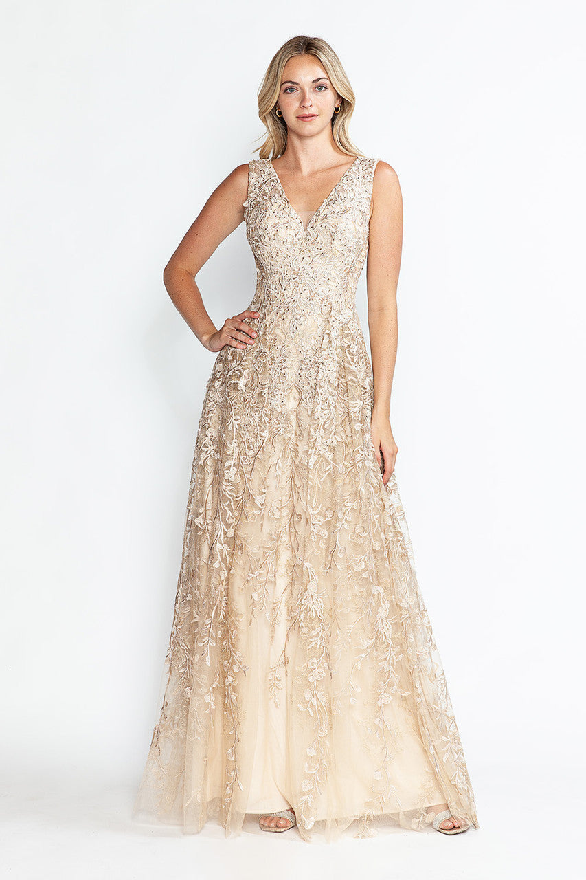 Formal Dresses Prom Long Formal Lace Dress Lenovia 8337 Champagne-Embroided-8337-Lace