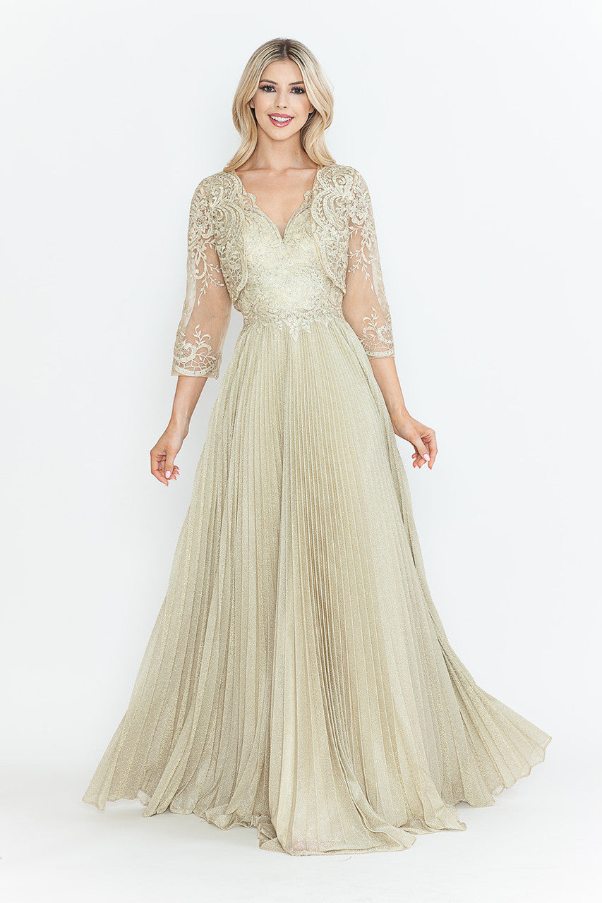 Mother of the Bride Dresses Pleated Long Formal Mother of the Bride Dress Lenovia 8341 Champagne Gold-Mesh-8341-Pleated