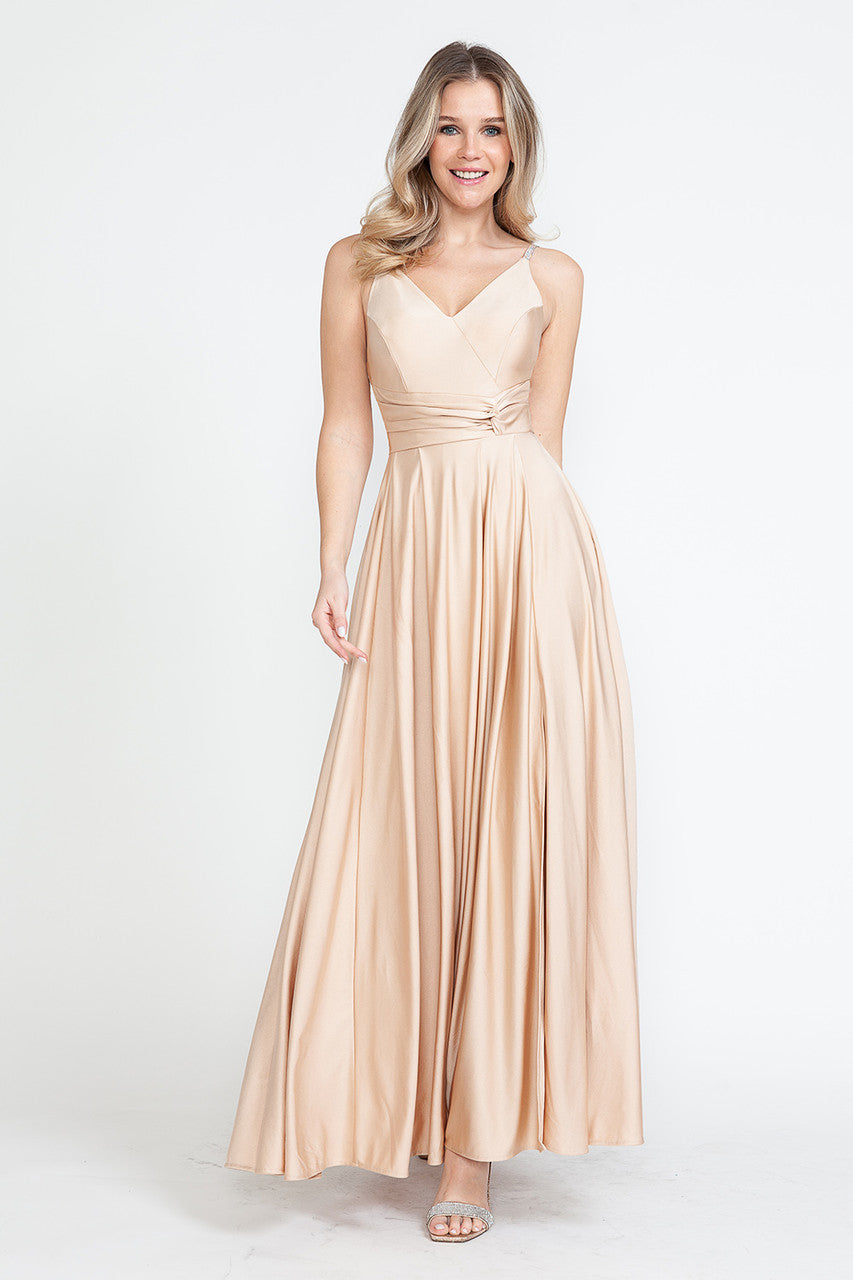 Formal Dresses A Line Formal Slit Long Prom Dress Lenovia 5275 Champagne Gold-Satin-5275-A Line