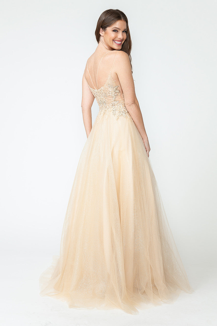 Prom Dresses Sequin Long Beaded Formal Prom Dress Lenovia 8182 Champagne Gold-Tulle-8182-Beaded