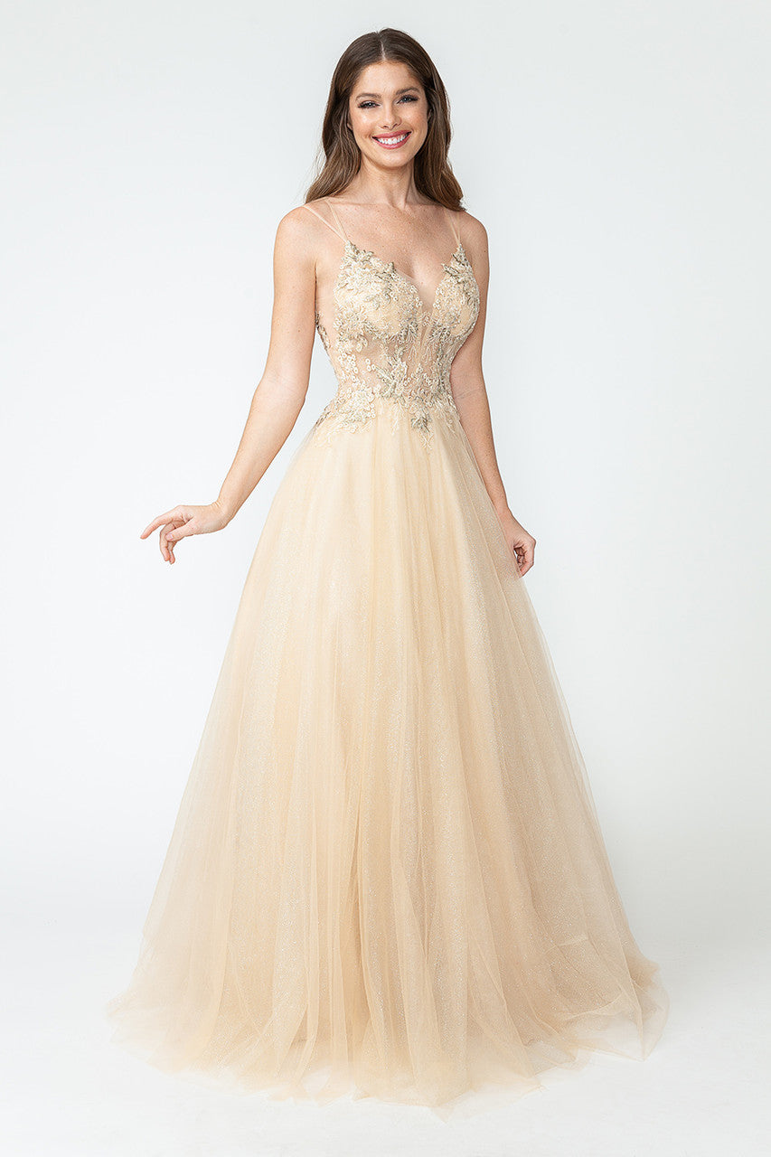 Prom Dresses Sequin Long Beaded Formal Prom Dress Lenovia 8182 Champagne Gold-Tulle-8182-Beaded
