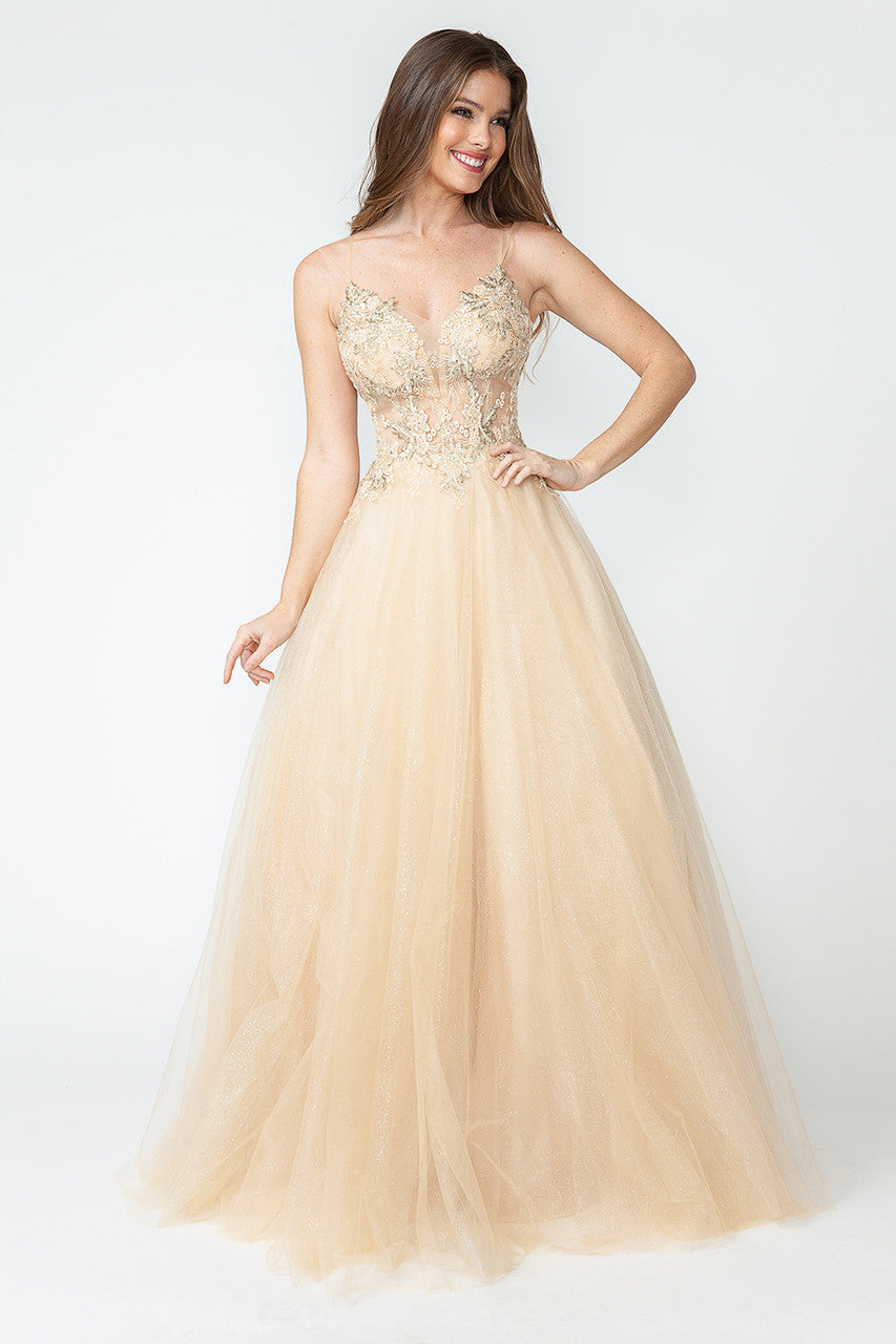 Prom Dresses Sequin Long Beaded Formal Prom Dress Lenovia 8182 Champagne Gold-Tulle-8182-Beaded