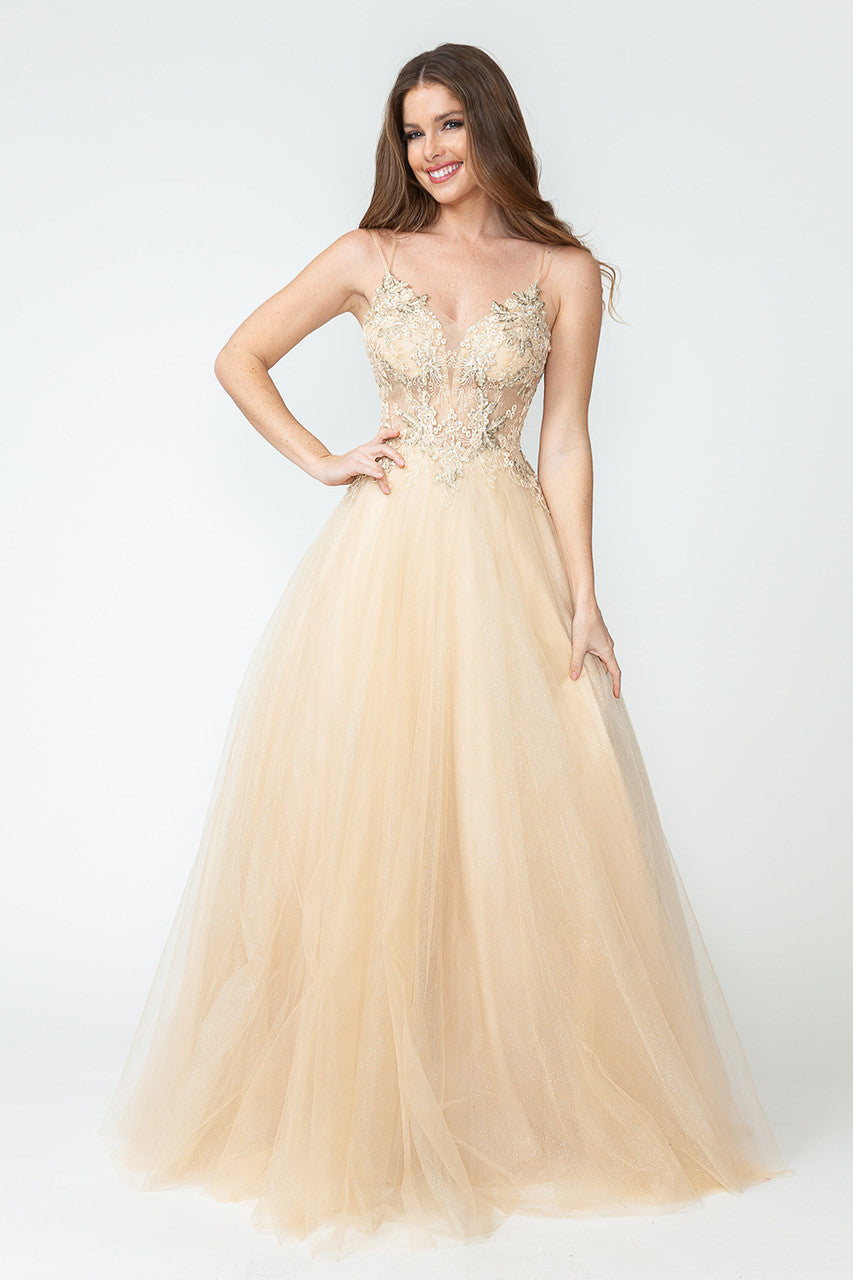 Prom Dresses Sequin Long Beaded Formal Prom Dress Lenovia 8182 Champagne Gold-Tulle-8182-Beaded