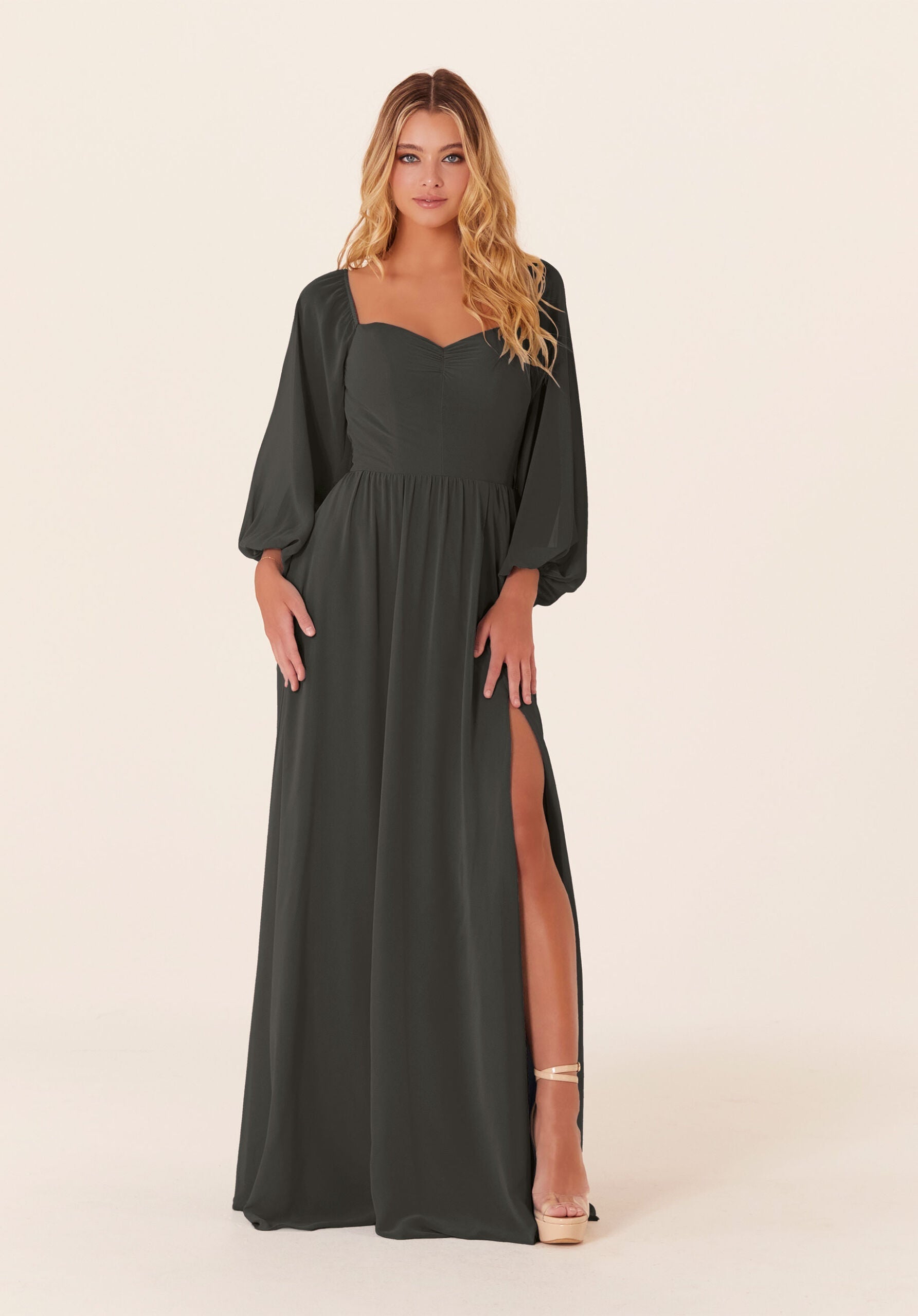 Mother of the Bride Dresses Formal A Line Long Sleeve Mother of the Bride Dress Charcoal-Chiffon-21830-Pleated