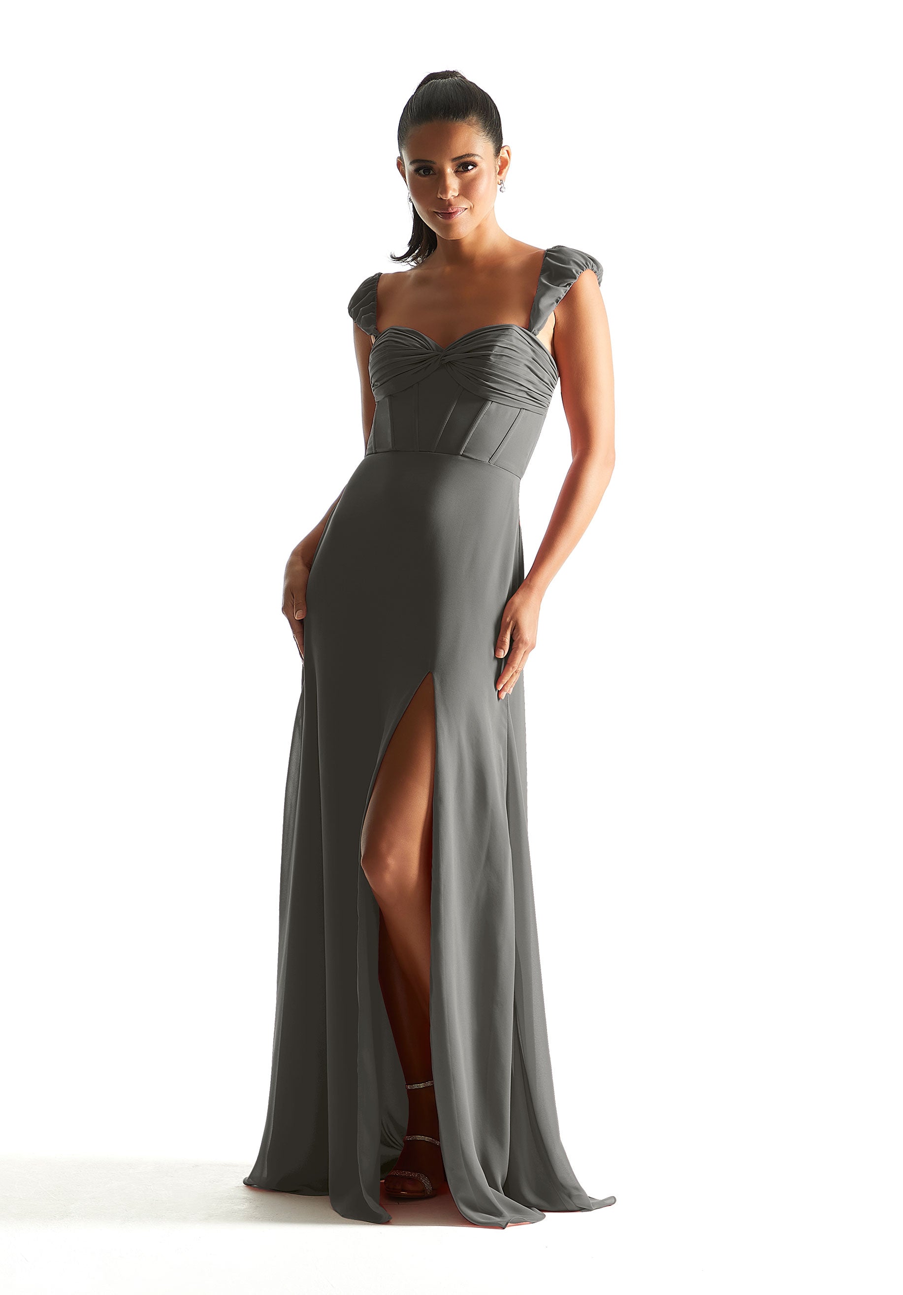 Formal Dresses Long Formal Corset Slit Evening Dress Charcoal-Chiffon-21855-Corset