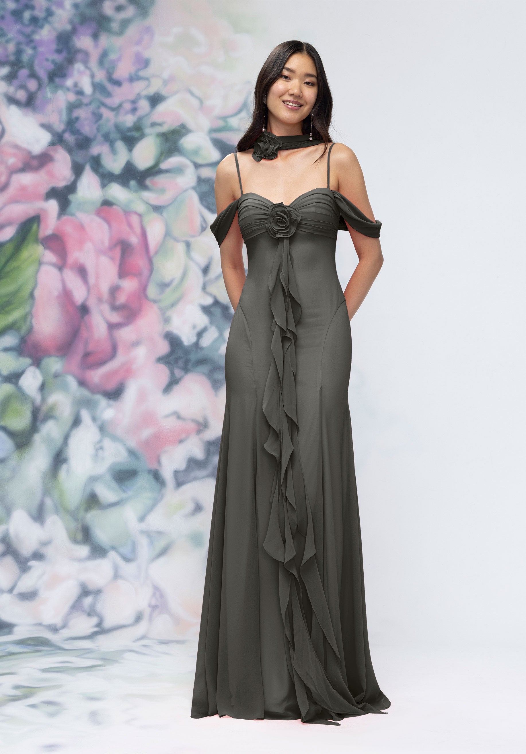 Formal Dresses Ruffle Floral Long Formal Dress Charcoal-Chiffon-3030000-Ruffle