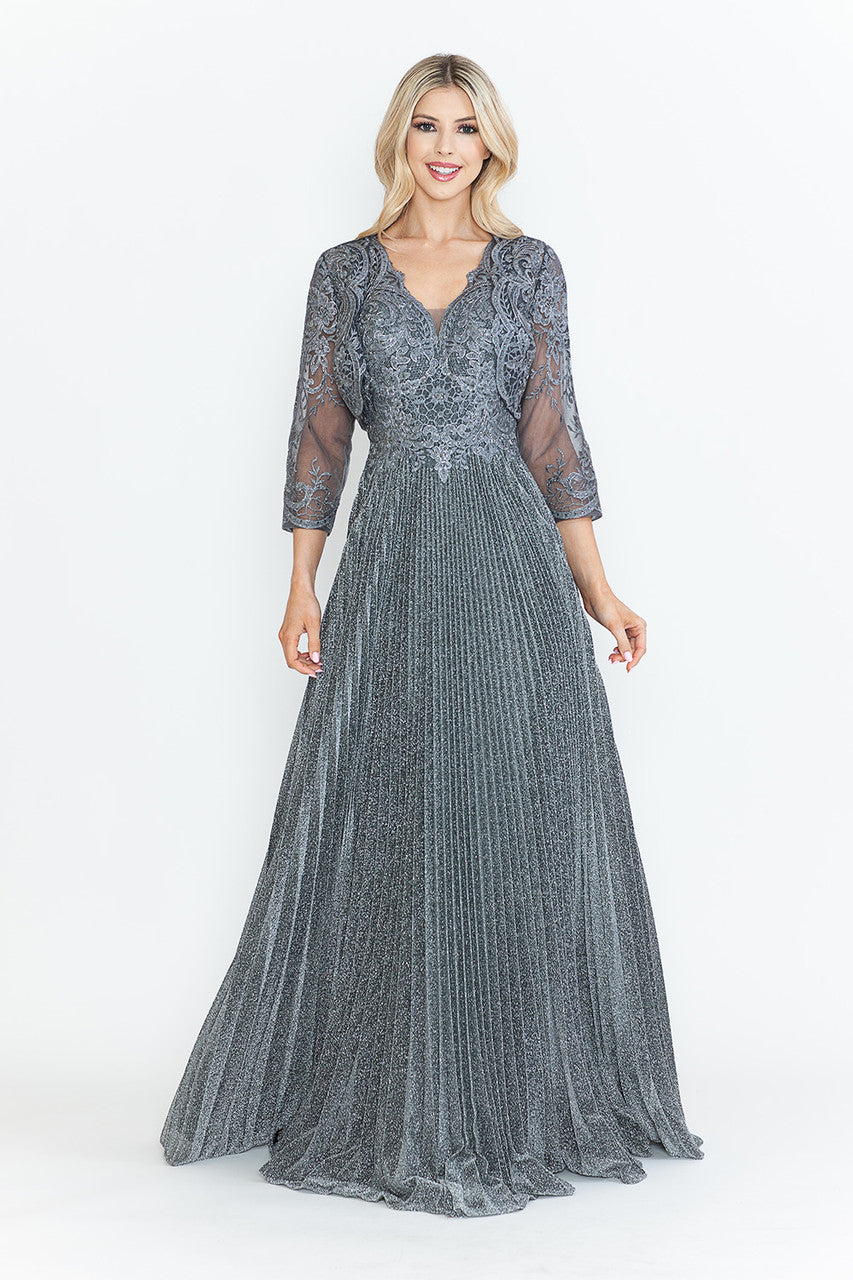 Mother of the Bride Dresses Pleated Long Formal Mother of the Bride Dress Lenovia 8341 Charcoal Grey-Mesh-8341-Pleated