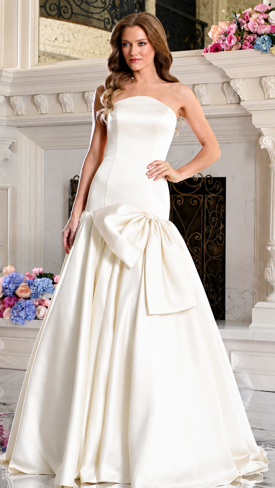 Strapless Curved Neck Floor-Length Satin Occasion Ball Gown Colors 4058