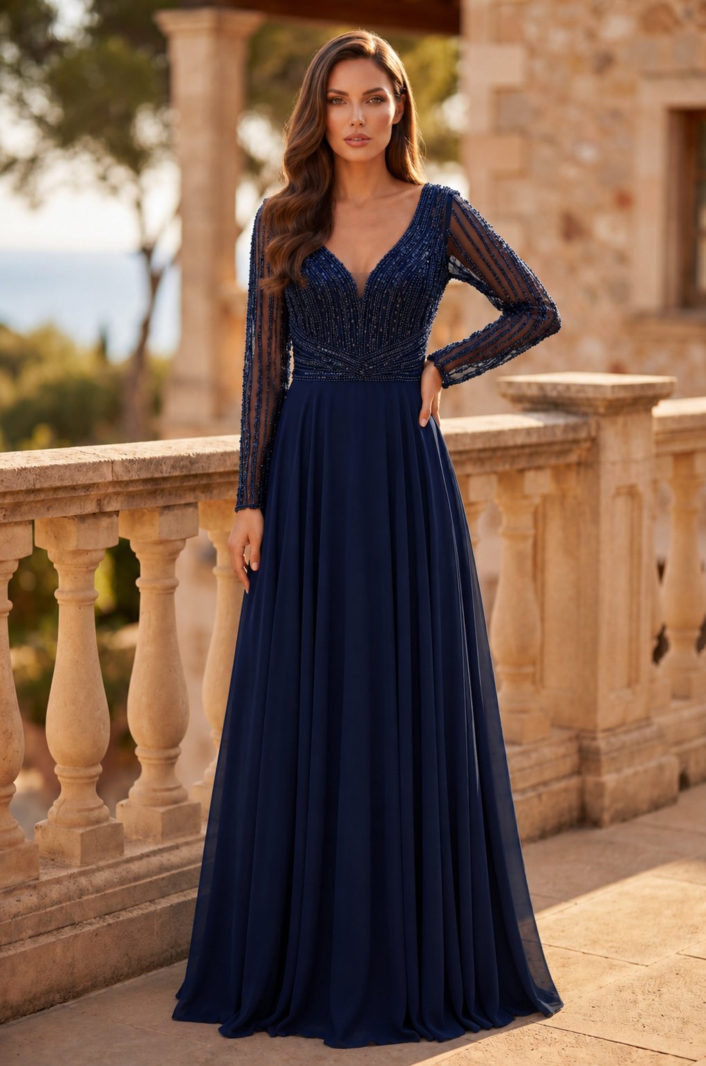 Beaded Long Sleeve Mother of the Bride Dress