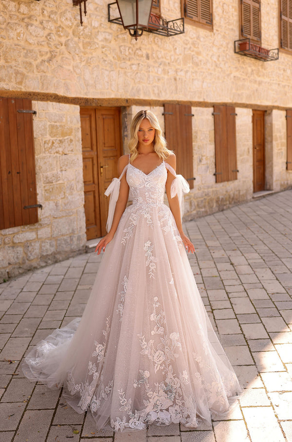 Long A Line Lace Applique Bridal Wedding Dress Amarra 85721
