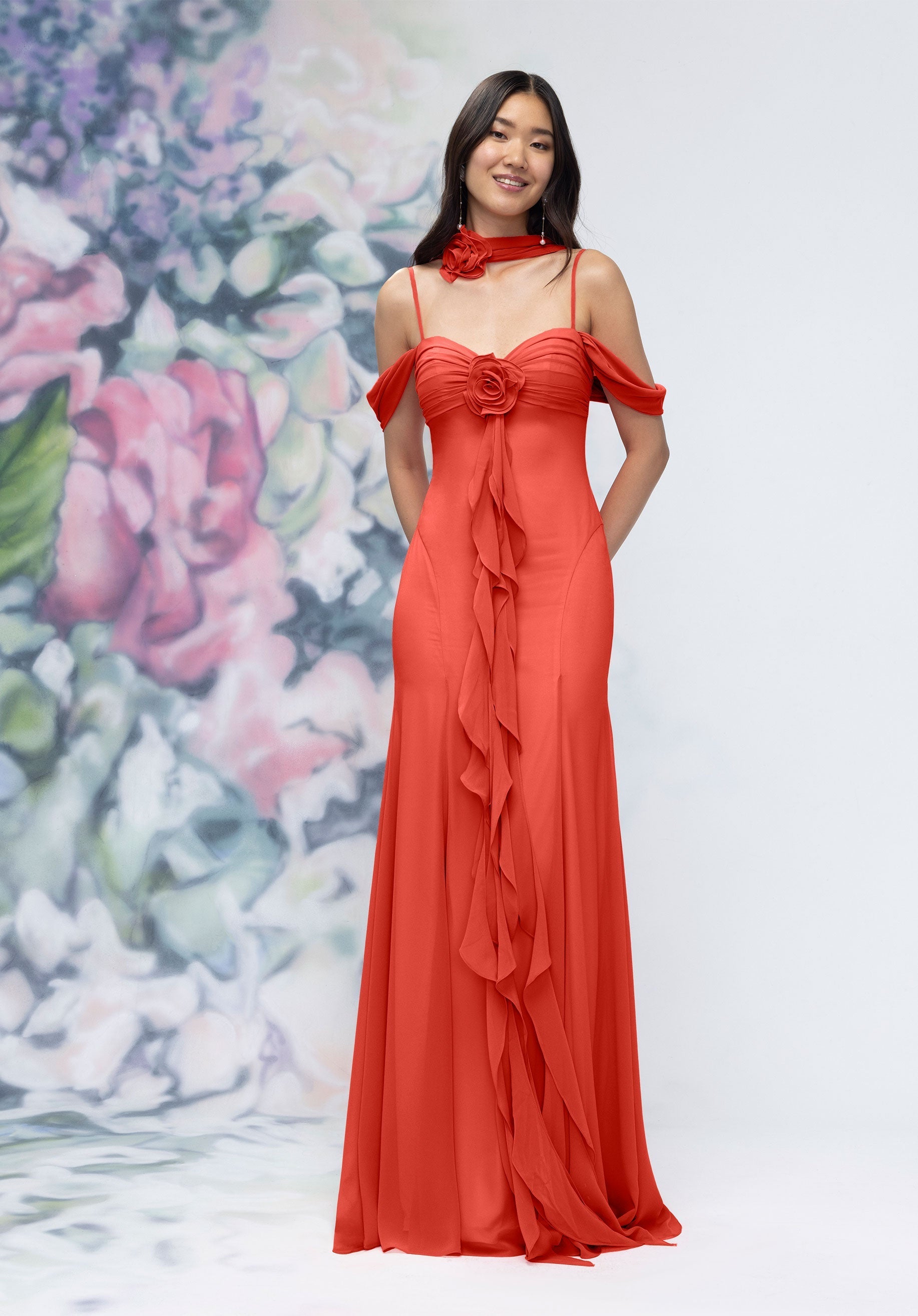 MGNY Madeline Gardner New York 3030000 Ruffle Long Floral Formal Dress - Dew Drop / 16 MGNY Madeline Gardner New York 3030000 Ruffle Long Floral Formal Dress - Dew Drop / 16