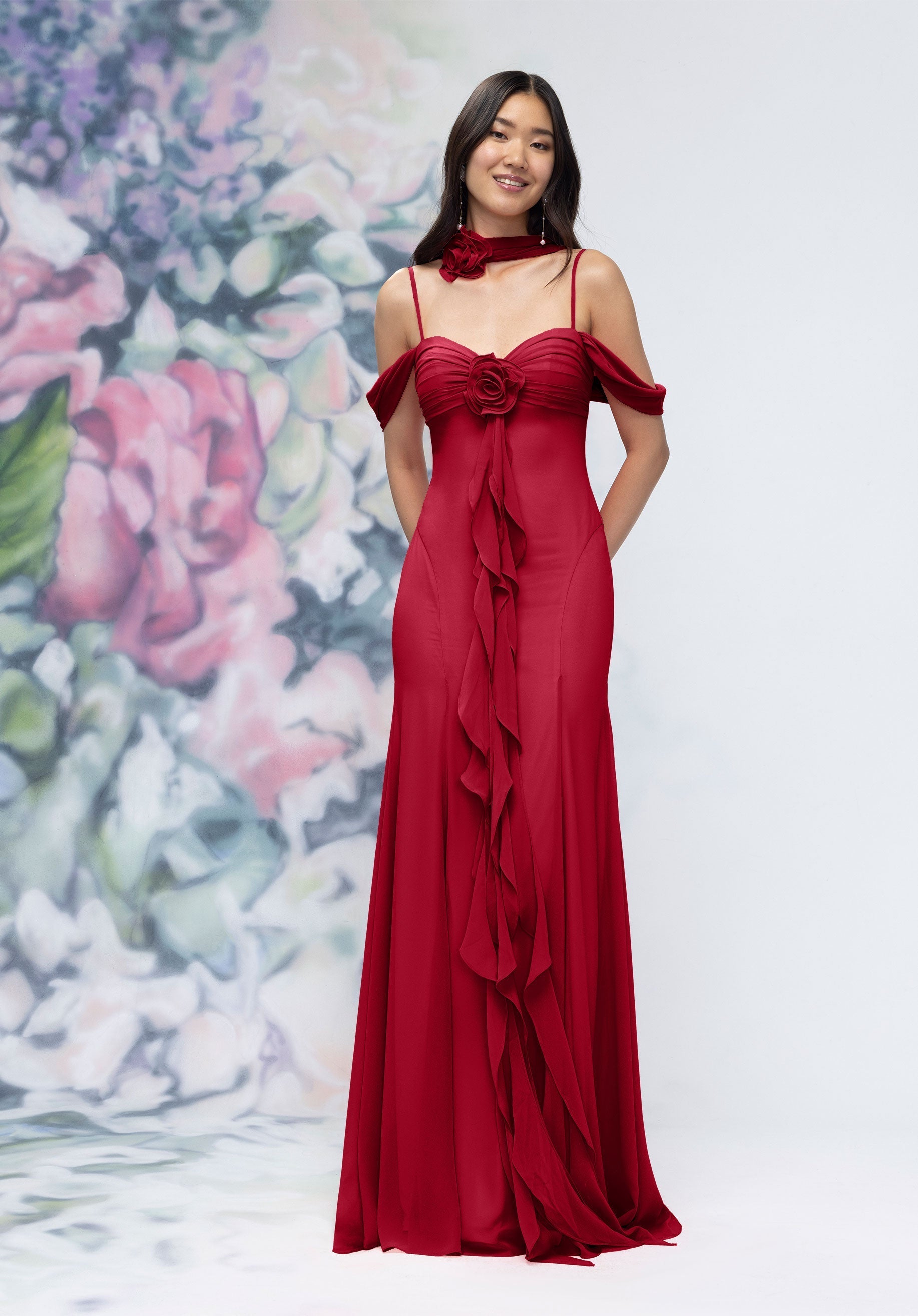 Formal Dresses Ruffle Long Floral Formal Dress Claret-Chiffon-3030000-Ruffle