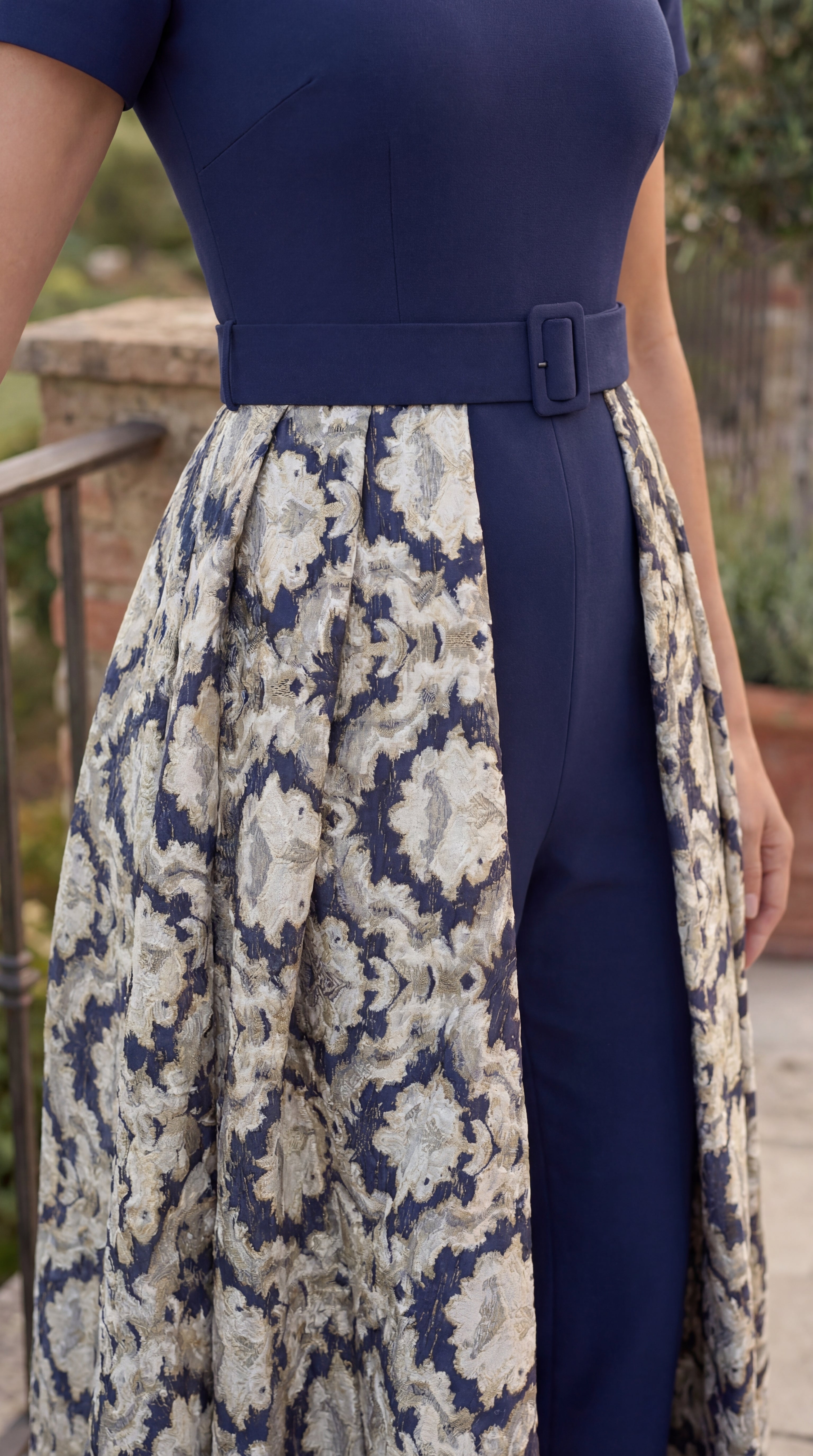 Stretch Crepe Jumpsuit Formal Floral Jacquard Overlay Skirt