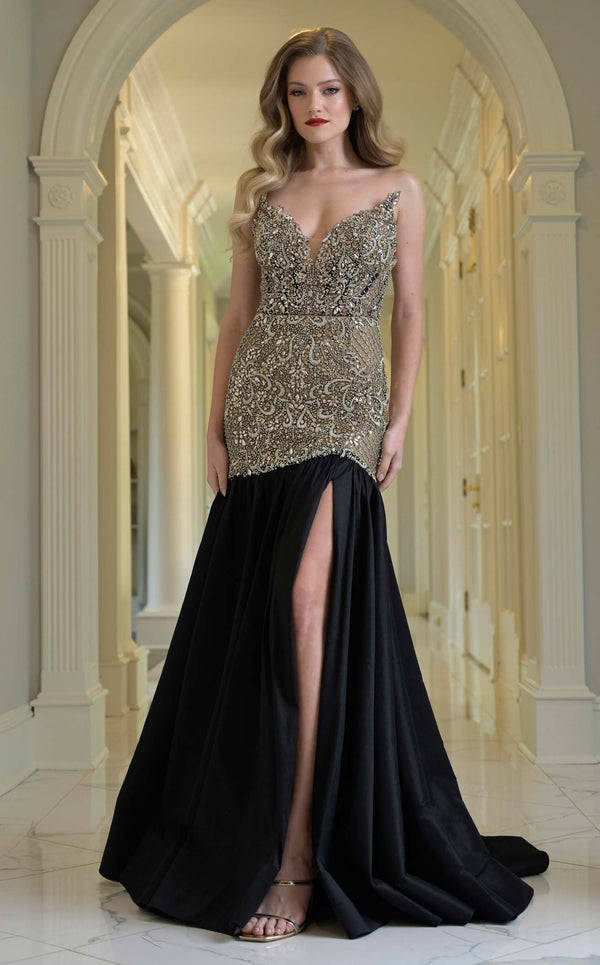 Prom Dresses Long Formal Beaded Mermaid Prom Dress Gold Black