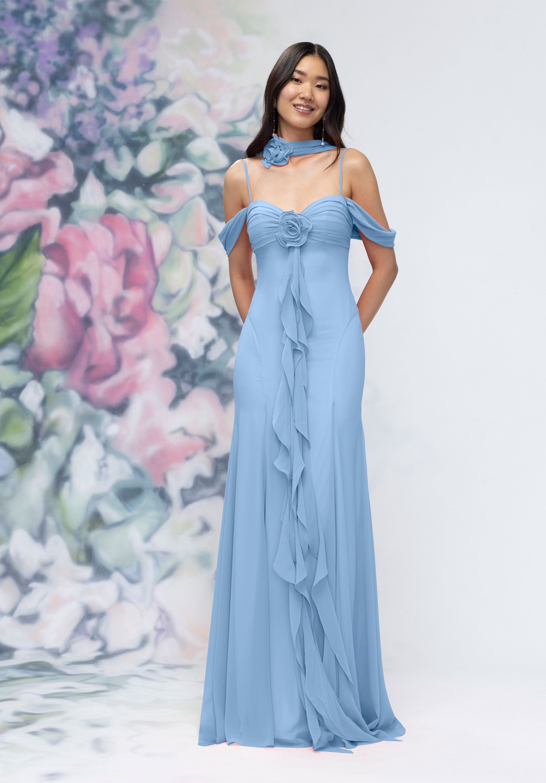 MGNY Madeline Gardner New York 3030000 Ruffle Long Floral Formal Dress - Dew Drop / 16 MGNY Madeline Gardner New York 3030000 Ruffle Long Floral Formal Dress - Dew Drop / 16