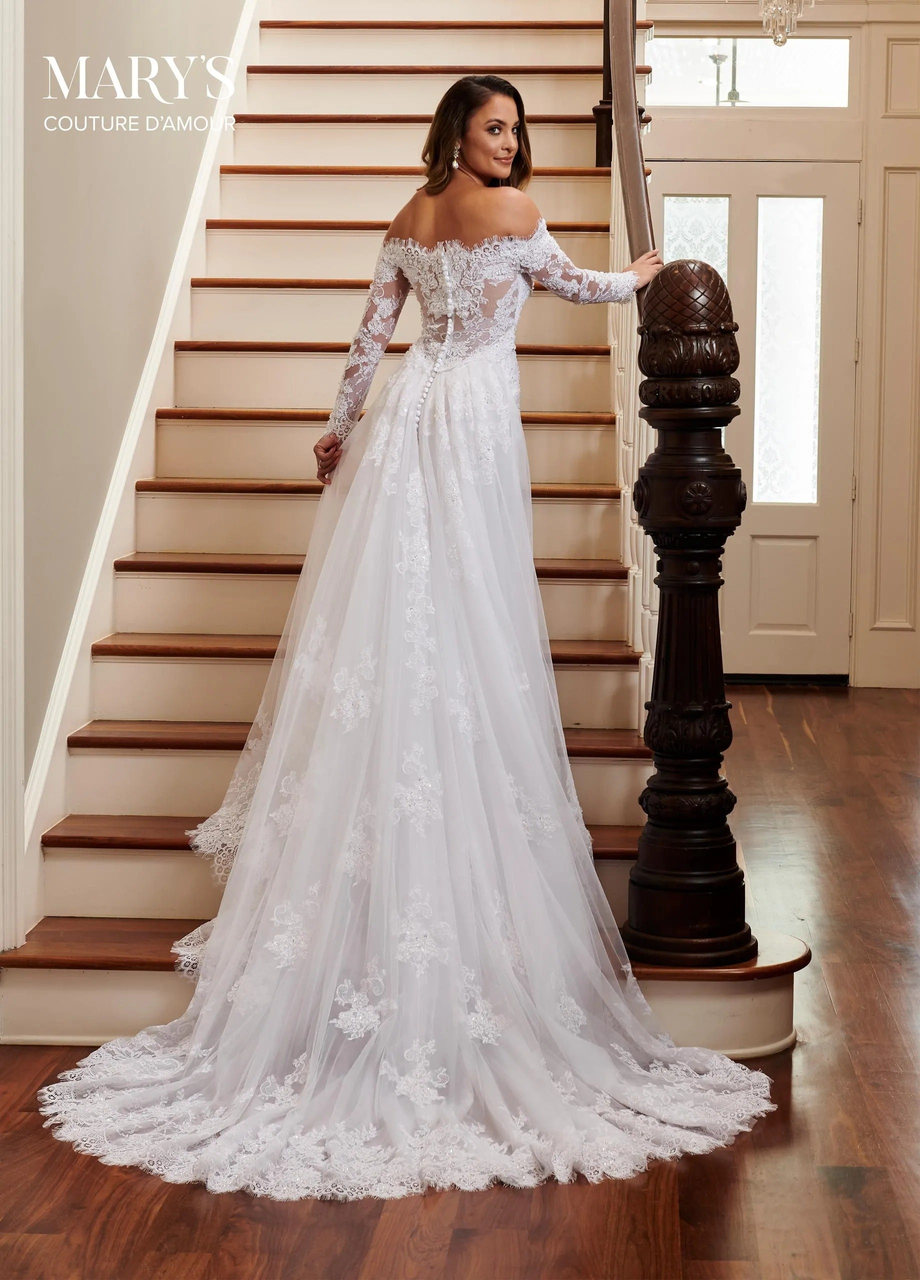 Ivory Off-the-Shoulder Floor-Length Lace Bridal Mermaid Gown with Long Sleeves Rachel Allan MB4009