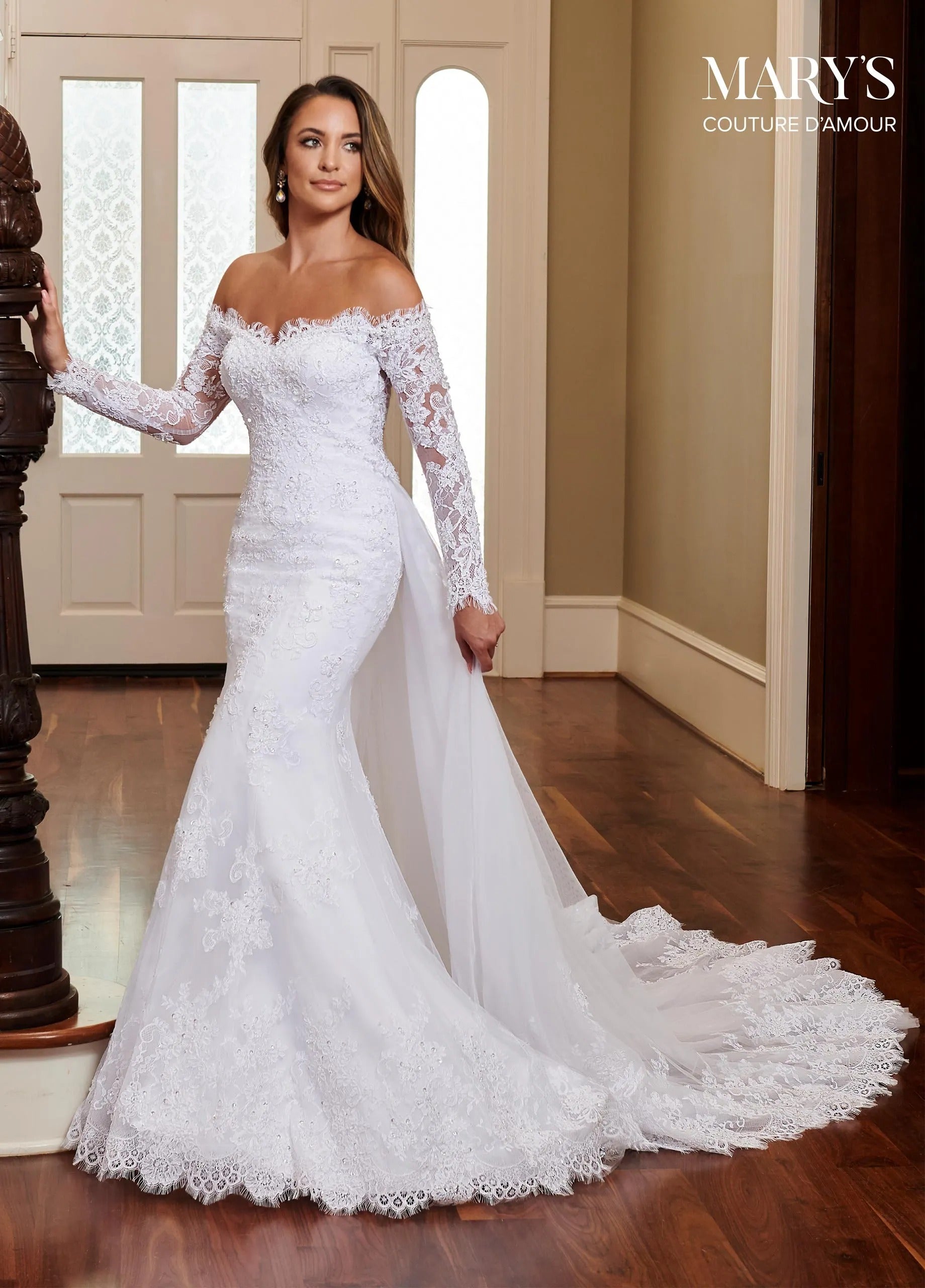 Ivory Off-the-Shoulder Floor-Length Lace Bridal Mermaid Gown with Long Sleeves Rachel Allan MB4009