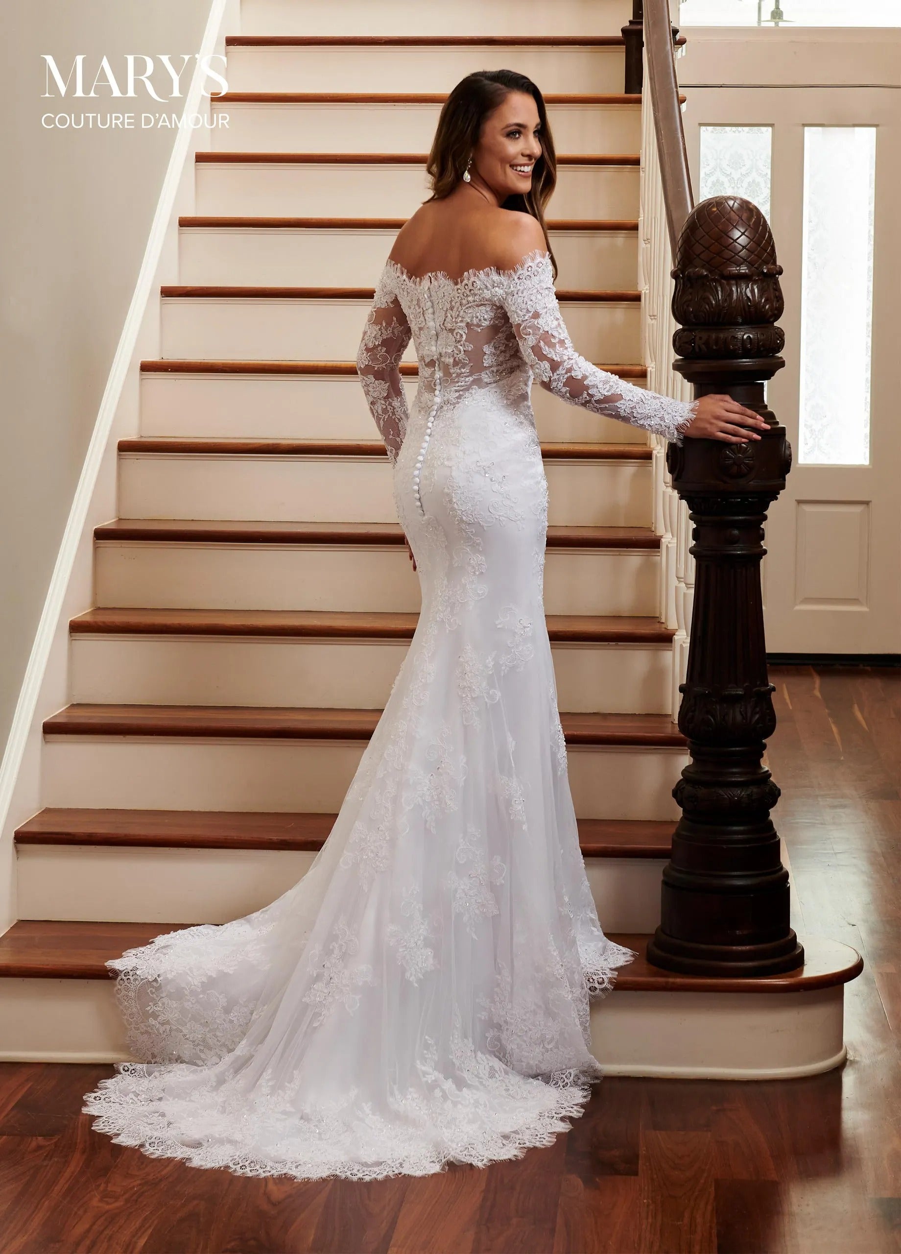 Ivory Off-the-Shoulder Floor-Length Lace Bridal Mermaid Gown with Long Sleeves Rachel Allan MB4009
