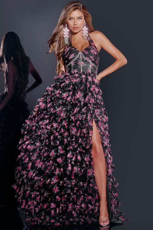 Prom Dresses A Line Long Floral Formal Prom Dress Black/Multi