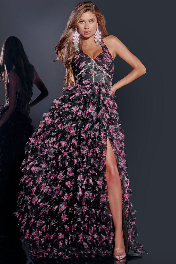 Jovani D5065 A Line Long Floral Formal Prom Dress
